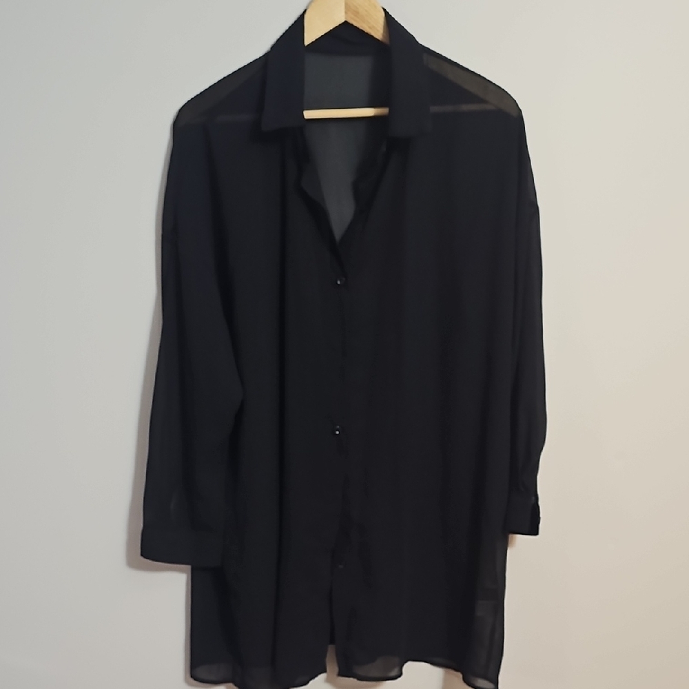 SHEIN Black Sheer Button Up Blouse Size XL